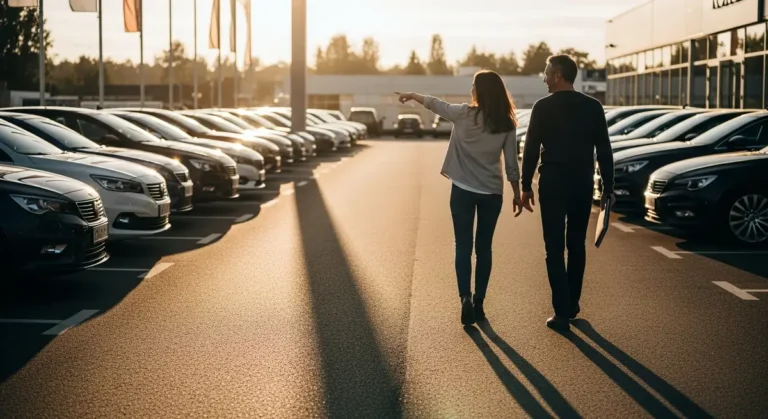 Paar geht über Händlergelände und zeigt auf ein Fahrzeug im Abendlicht