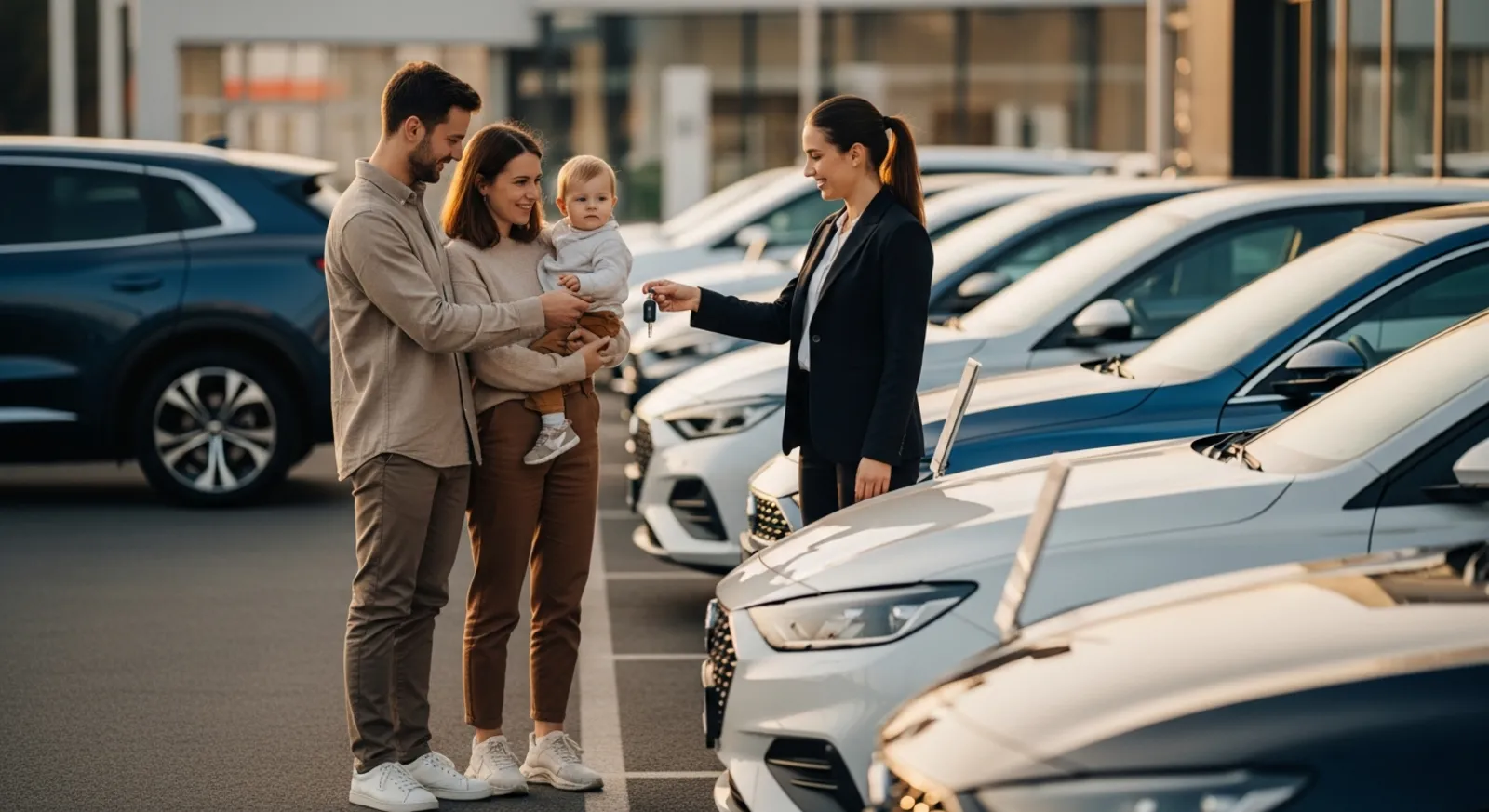 Verkäuferin übergibt einer jungen Familie mit Kleinkind auf einem modernen Autohaus-Gelände den Schlüssel für ihr neues Elektroauto