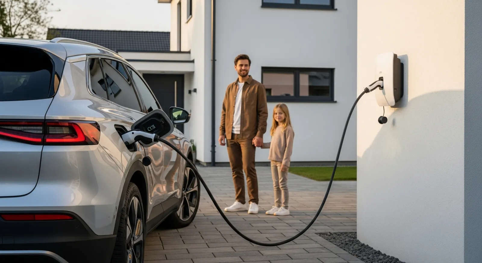 Junger Vater mit Tochter steht vor einem silbernen Elektroauto, das an der Wallbox vor einem modernen Einfamilienhaus geladen wird