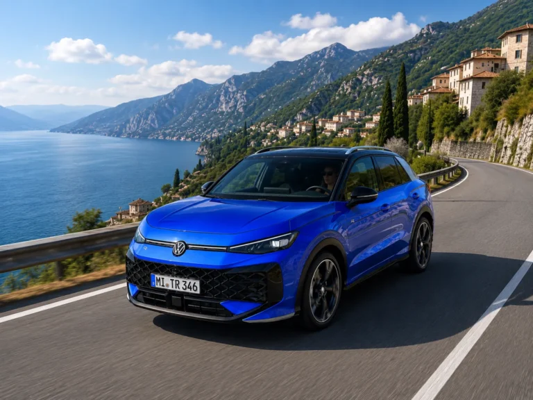 VW T-Roc 2026 R-Line in Blau auf Küstenstraße am See – Frontansicht vor Bergpanorama
