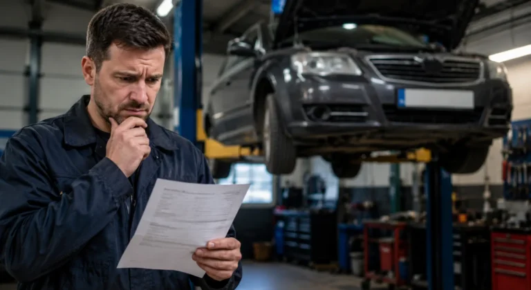 Autoreparatur lohnt sich – Mechaniker liest Werkstattrechnung, im Hintergrund Auto auf Hebebühne