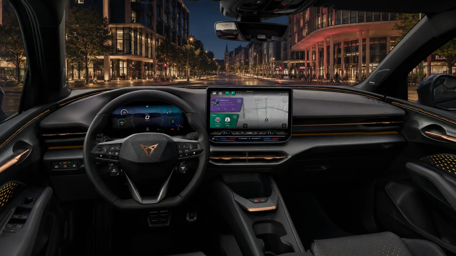 CUPRA Raval VZ 2026 – Cockpit und Infotainment bei Nacht