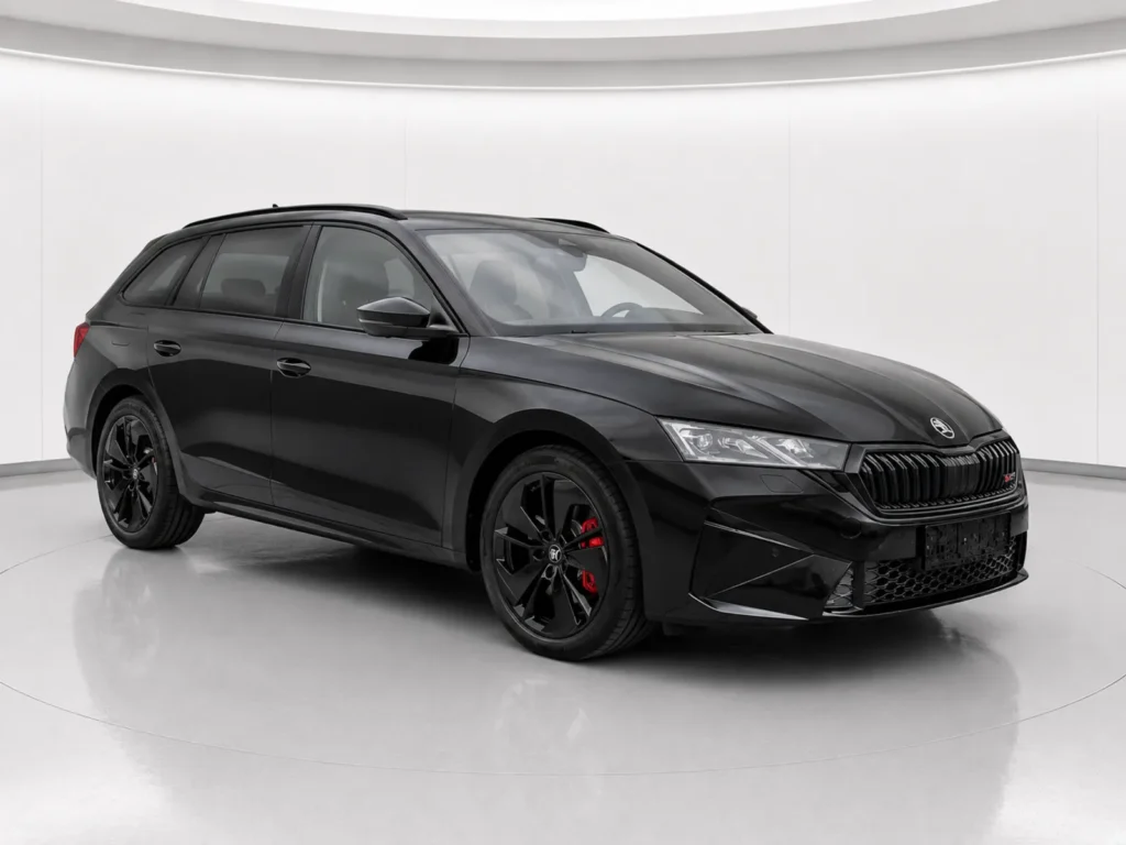 Skoda Octavia Kombi RS 2026 in Schwarz (Black-Magic) – Showroom-Ansicht von vorne rechts