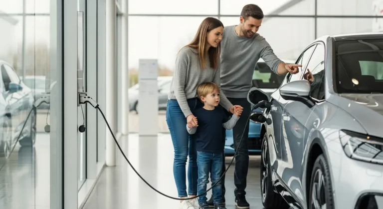 E-Auto Förderung 2026 – Familie schaut sich ein Elektroauto im Showroom an