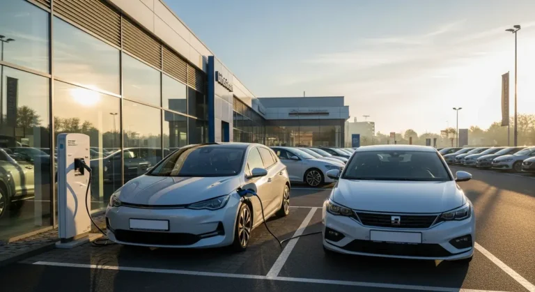 Elektro oder Benziner 2026 – E-Auto an der Ladesäule neben einem Benziner auf dem Händlergelände