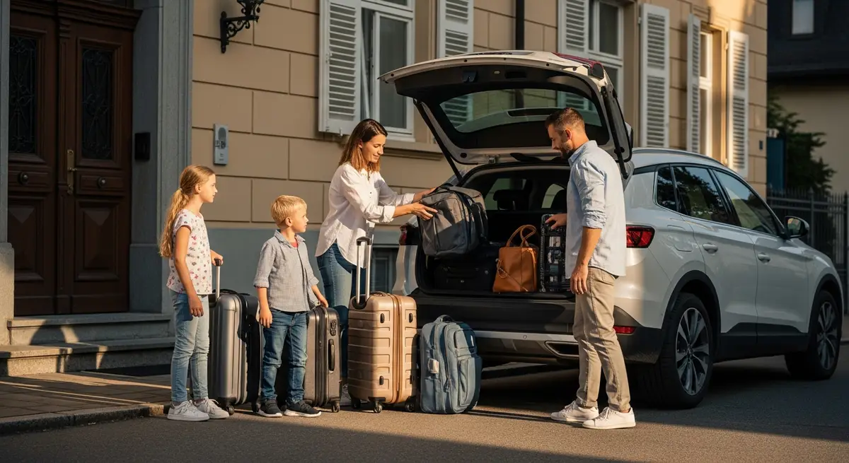 Familie belädt den Kofferraum ihres SUV vor der Urlaubsfahrt