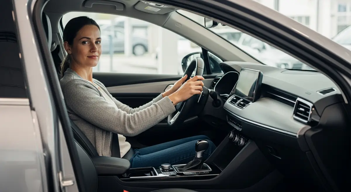 Neuwagen Rabatt 2026: Frau am Steuer eines Neuwagens im Showroom