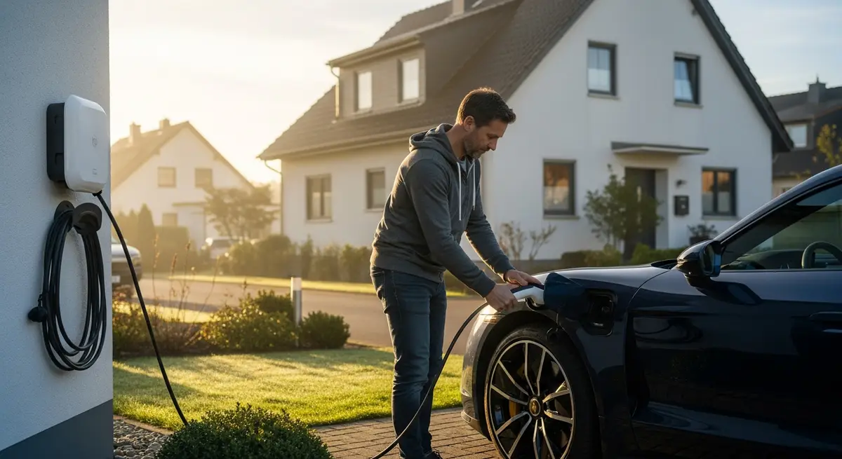 Pendler lädt sein Elektroauto morgens an der heimischen Wallbox