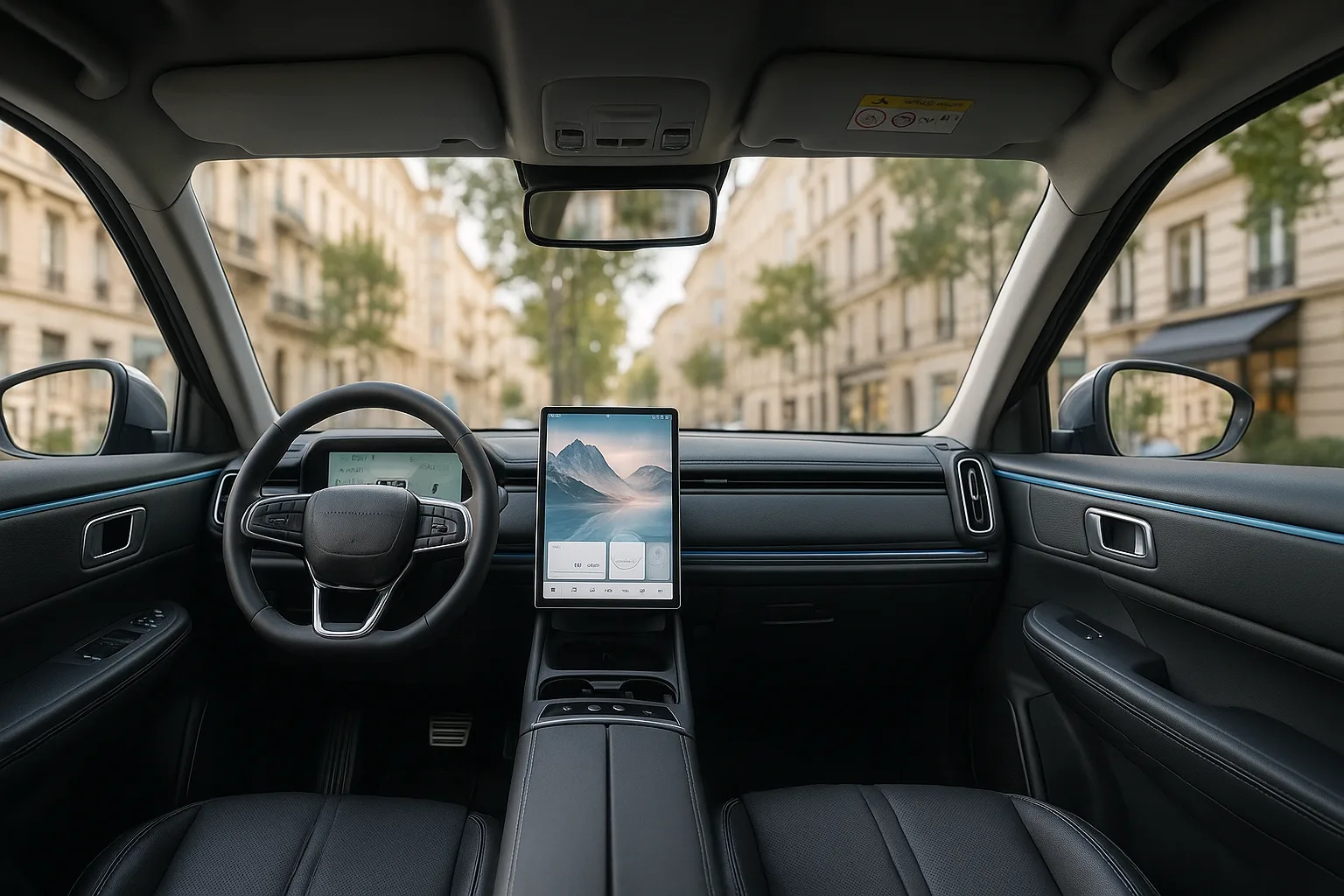 Cockpit des JAECOO 7 PHEV mit 14,8-Zoll-Touchscreen und Ambientebeleuchtung (KI-bearbeitetes Beispielbild)