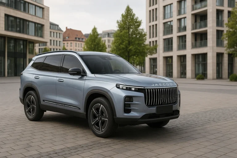 JAECOO 7 PHEV 2026 in Silberblau in urbaner Umgebung – Frontansicht (KI-generiertes Beispielbild)