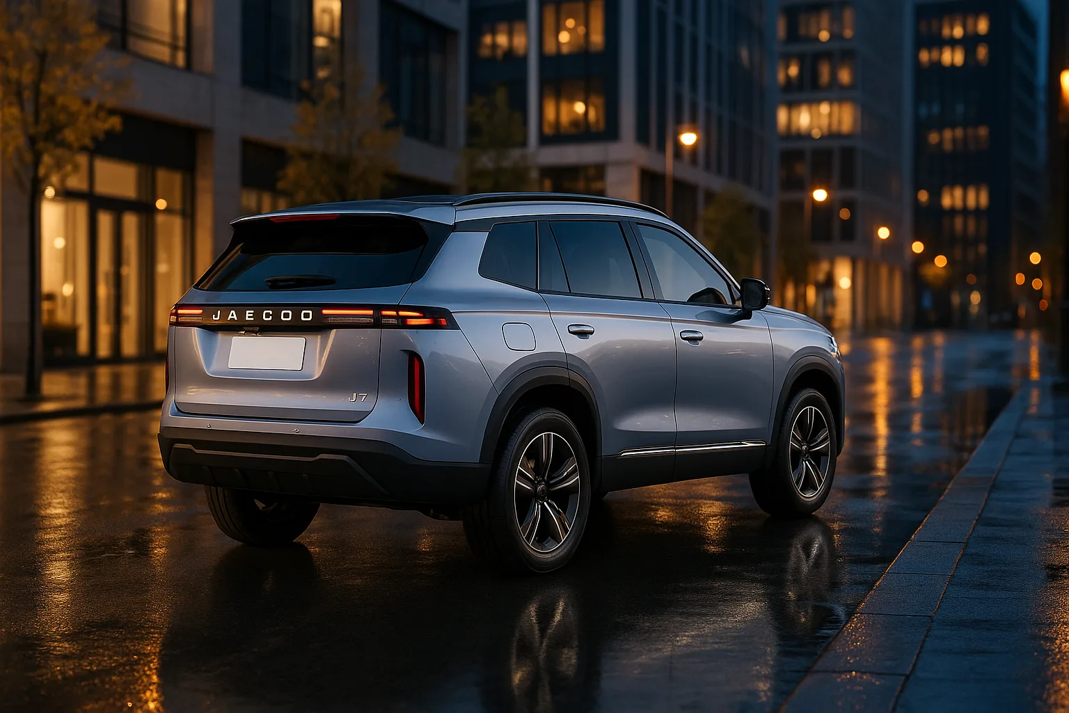 JAECOO 7 PHEV 2026 Heckansicht mit durchgehendem LED-Lichtband am Abend in der Stadt (KI-generiertes Beispielbild)