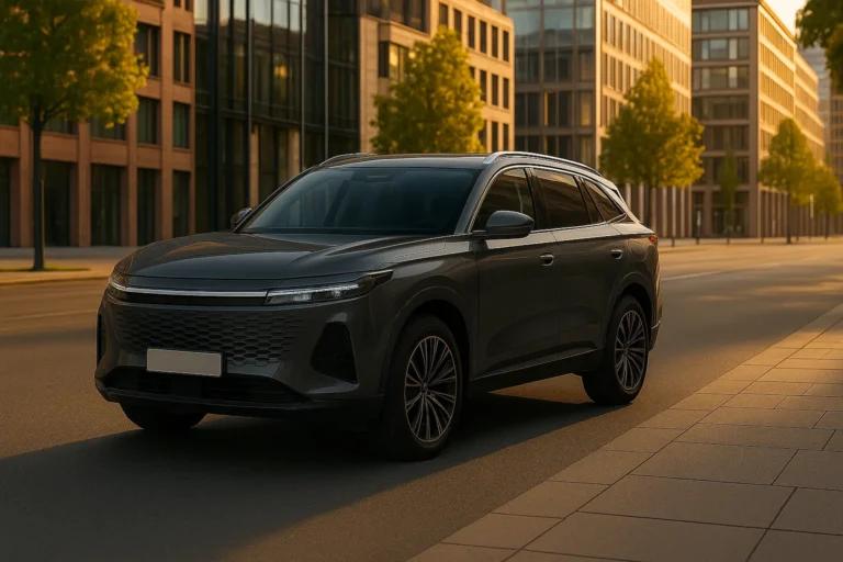 OMODA 9 PHEV 2026 in Tech Grey in urbaner Umgebung – Frontansicht (KI-generiertes Beispielbild)