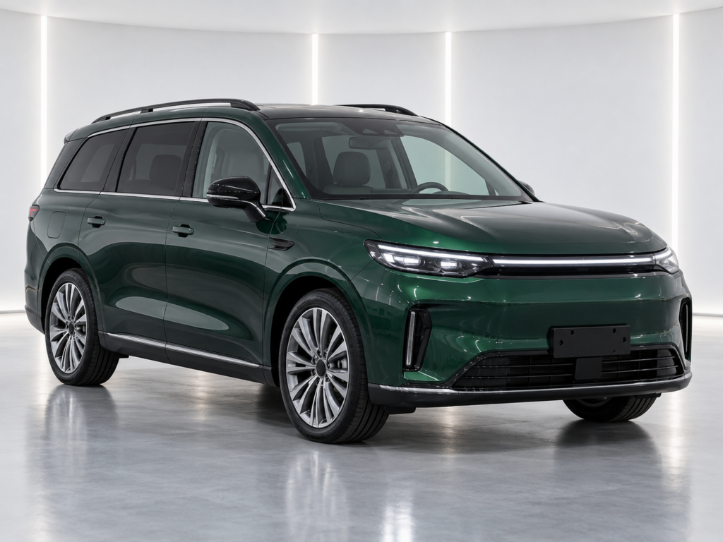 Leapmotor C10 Design ProMax 2026 günstig – KI-generiertes Beispielbild eines dunkelgrünen Elektro-SUV in Front-Seitenansicht