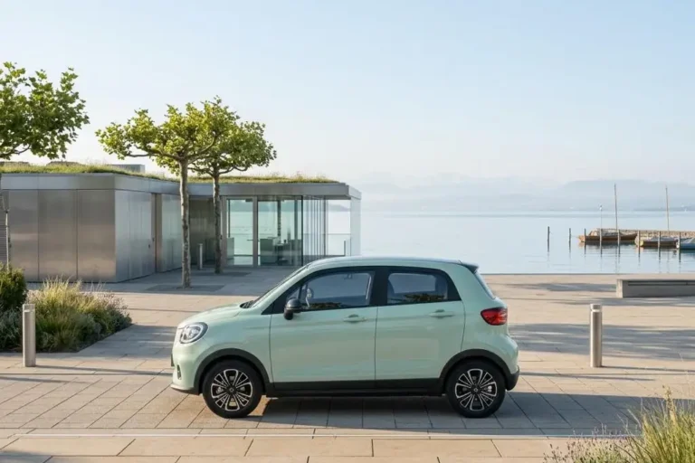 Leapmotor T03 Test: mintgrüner Elektro-Kleinwagen in Seitenansicht vor moderner Architektur am Bodensee
